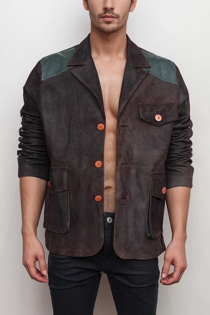 Men’s Brown Suede Jacket with Unique Green Accents