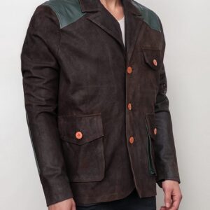Men’s Brown Suede Jacket with Unique Green Accents