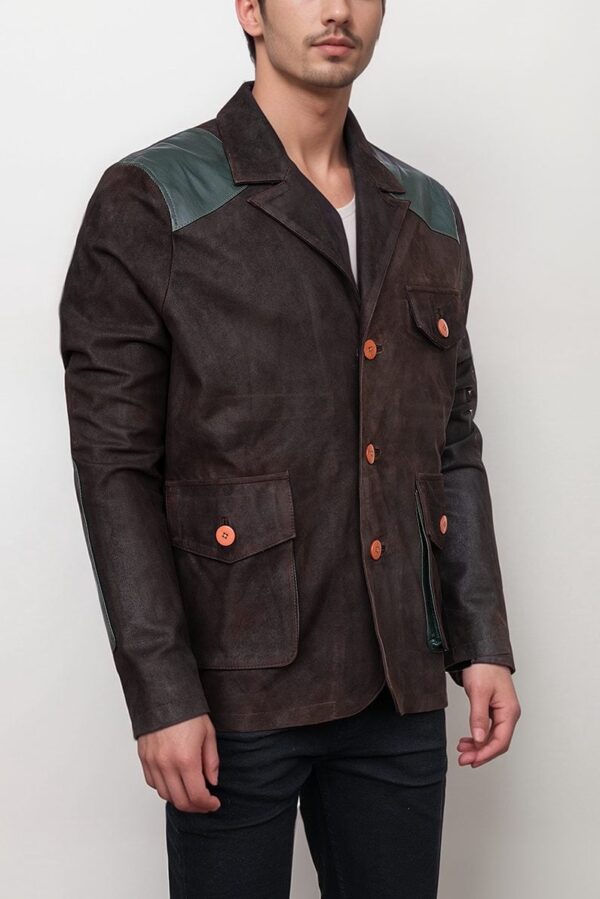 Men’s Brown Suede Jacket with Unique Green Accents