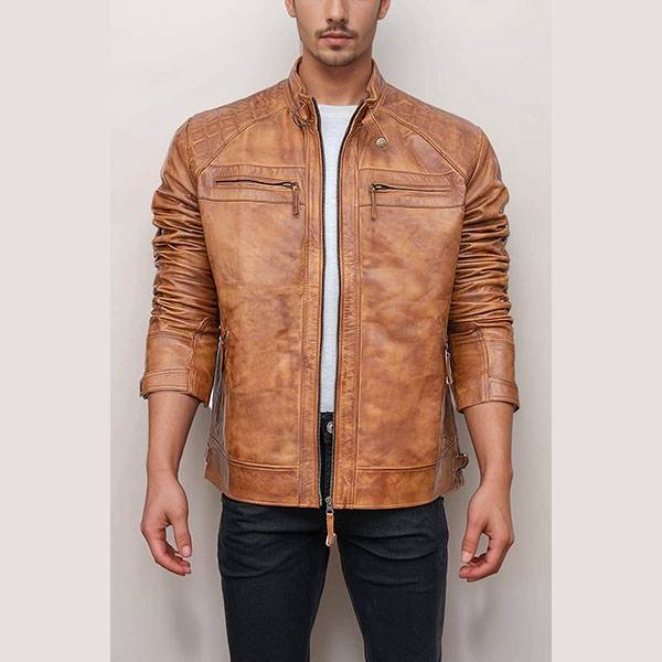 Tan Leather Jacket Quilted Shoulders