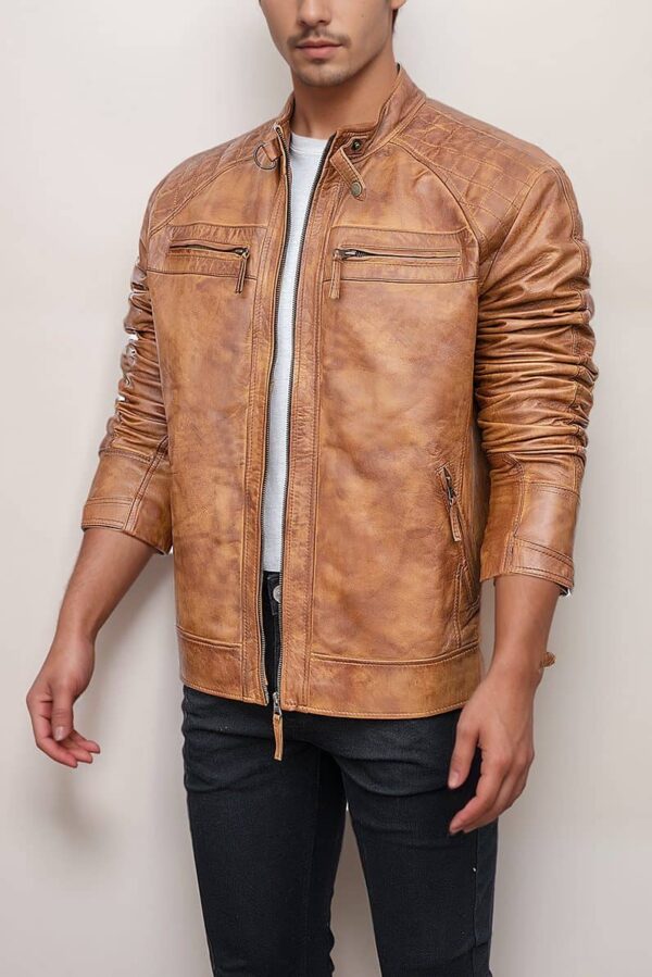 Tan Leather Jacket Quilted Shoulders