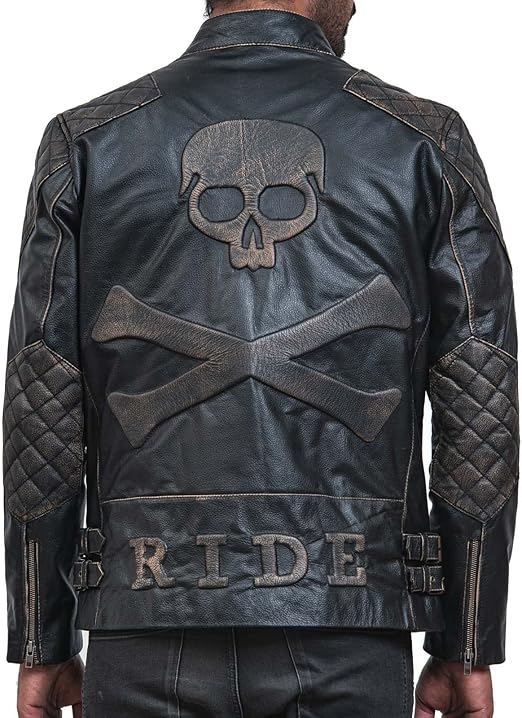 Skull Biker Leather Jacket - Men's Black Distressed Motorcycle Leather Jacket