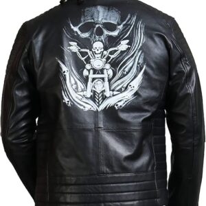 Men’s Riding Skeleton Printed Black Biker Leather Jacket