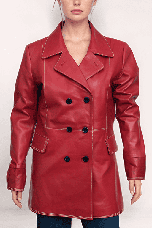 Women’s Classic Red Double-Breasted Leather Blazer