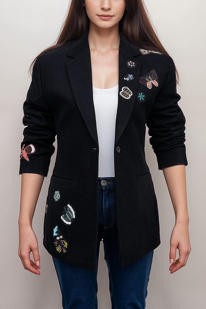 The View Joy Behar Black Butterfly Embellished Blazer
