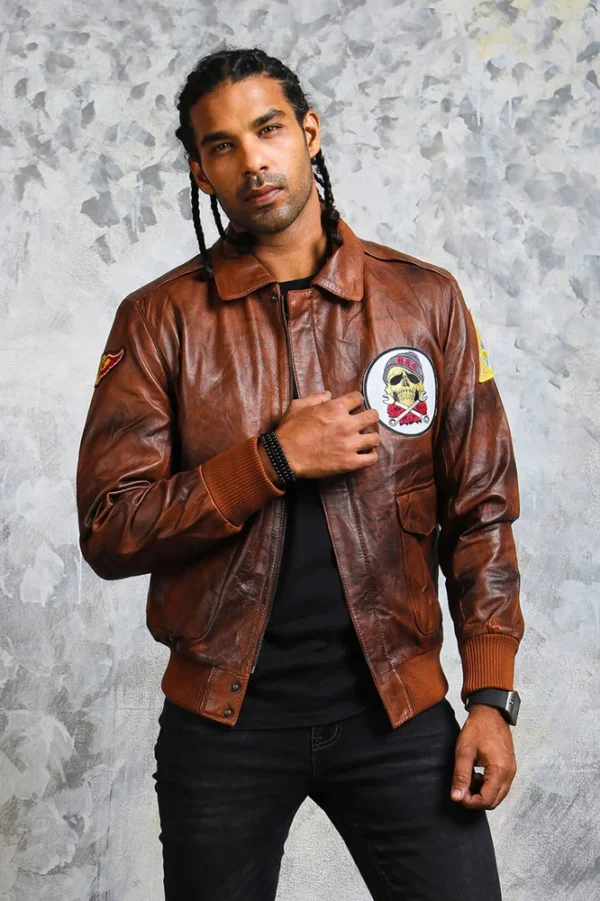 Men's Brown Leather Bomber Jacket