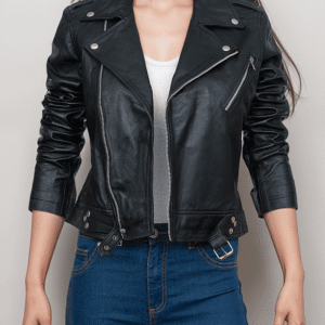 Classic Black Leather Biker Jacket for Women