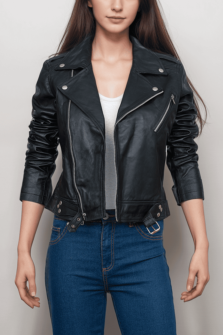 Classic Black Leather Biker Jacket for Women