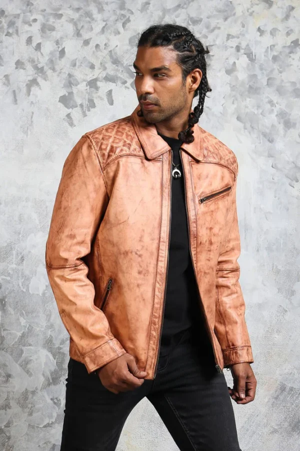 Men's Biker Tan Leather Jacket - Image 4