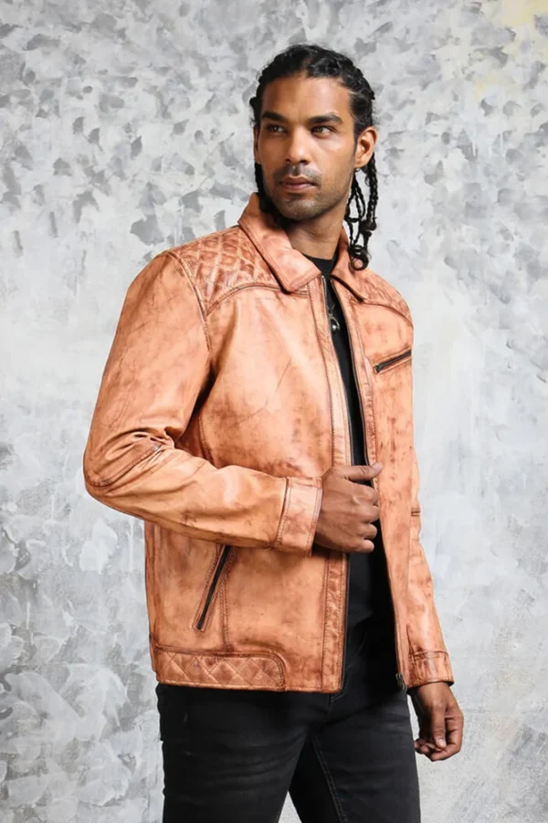 Men's Biker Tan Leather Jacket - Image 3