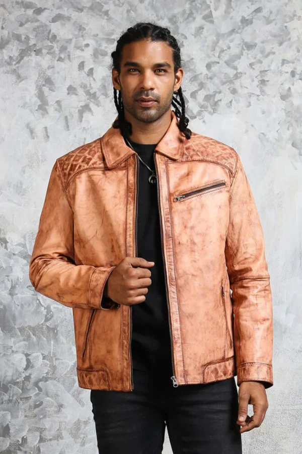Men's Biker Tan Leather Jacket - Image 2