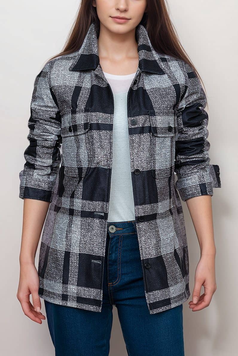 Women’s Black and White Plaid Shirt Jacket