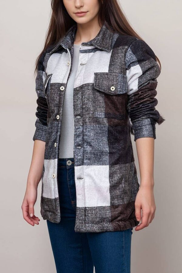 Women’s Brown and White Plaid Shirt Jacket