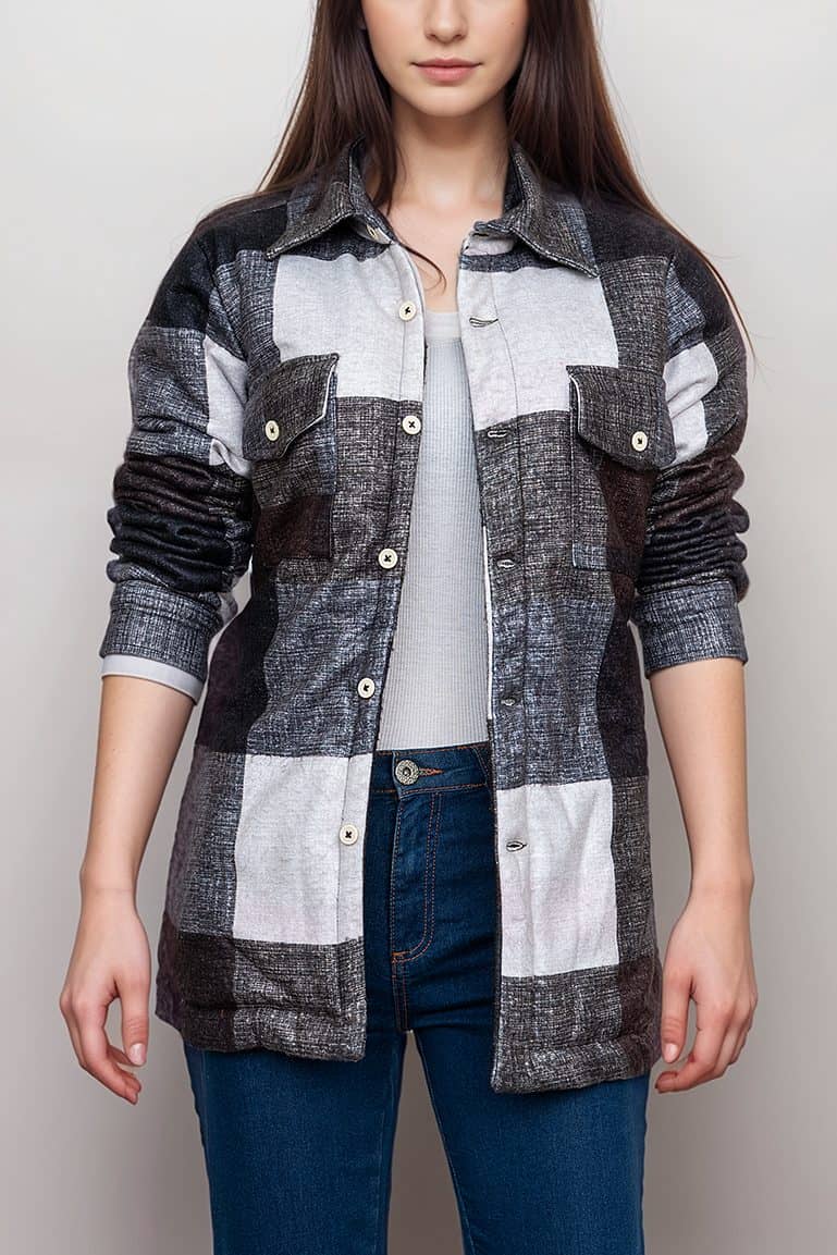 Women’s Brown and White Plaid Shirt Jacket