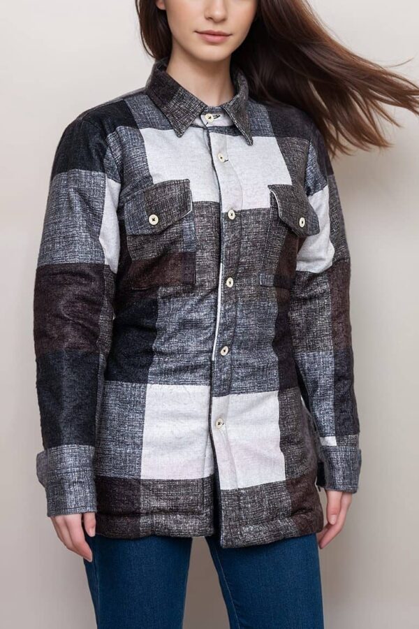 Women’s Brown and White Plaid Shirt Jacket - Image 2