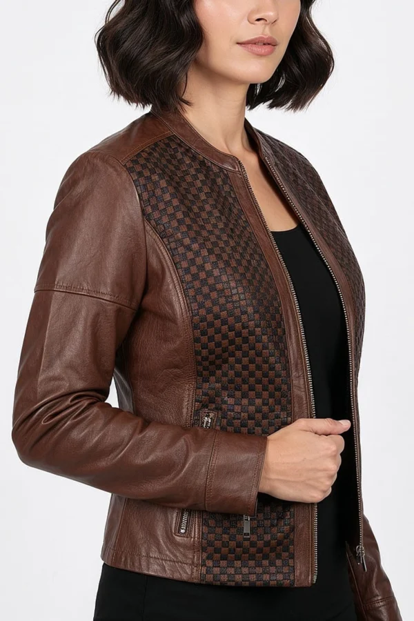 Women’s Checkerboard Brown Leather Jacket