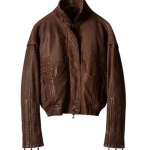 Distressed Vintage Leather Brown Bomber Jacket