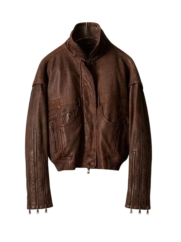 Distressed Vintage Leather Brown Bomber Jacket
