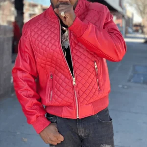 Men Quilted Casual Varsity Red Bomber Leather Jacket