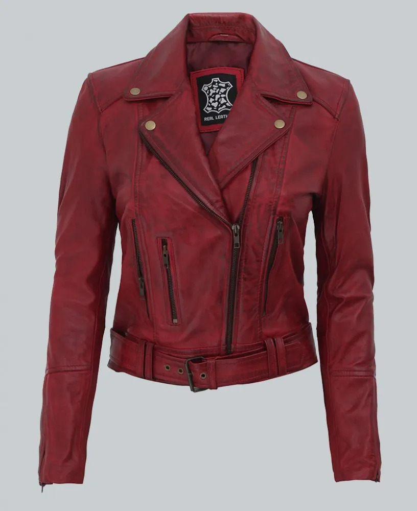 Elisa Womens Maroon Leather Motorcycle Jacket