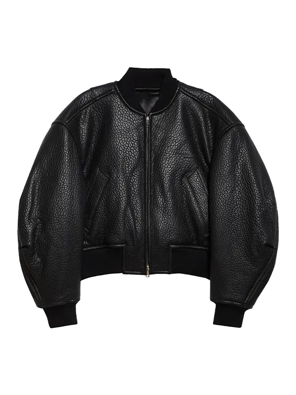 Women Primal Black Leather Crop Bomber Jacket