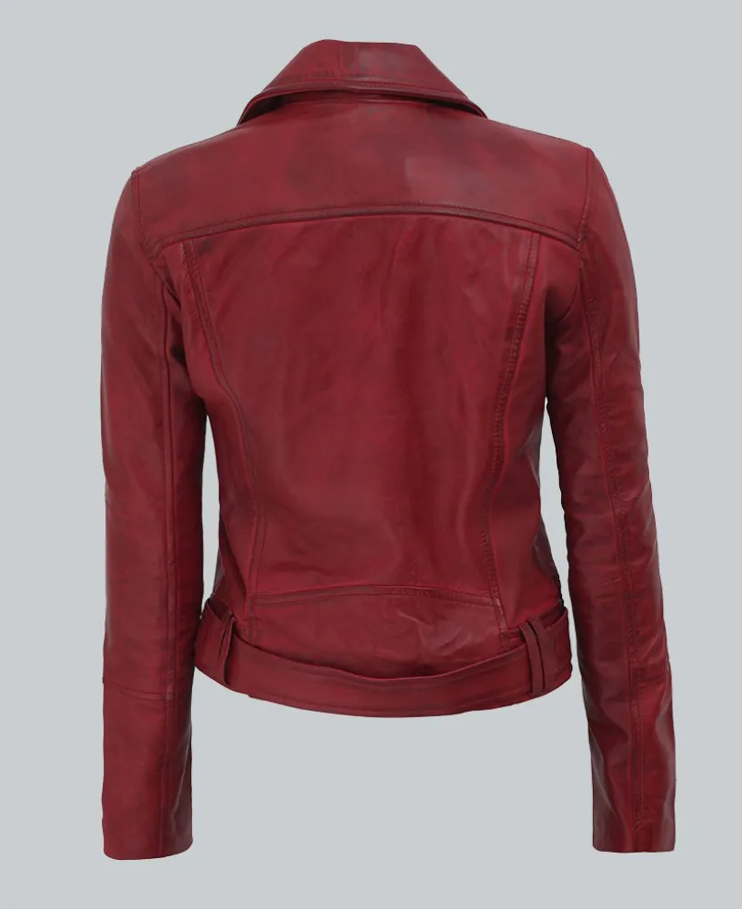 Elisa Womens Maroon Leather Motorcycle Jacket