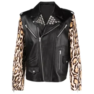 Mens Leopard Print Biker Leather Jacket