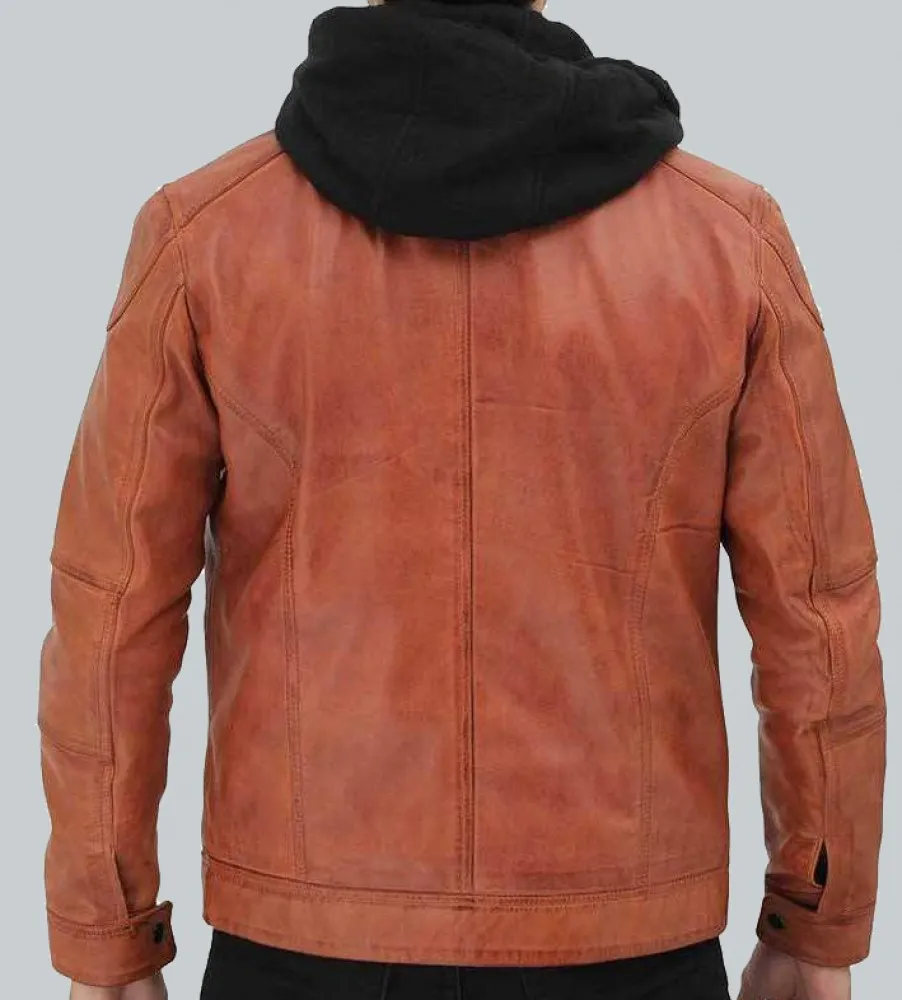 Edward Mens Tan Leather Jacket with Hood