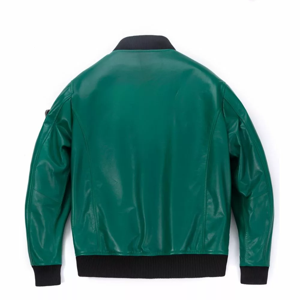 Teal Green Leather Bomber Jacket