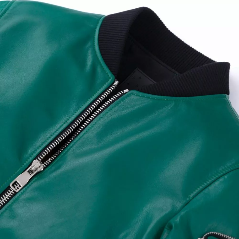Teal Green Leather Bomber Jacket