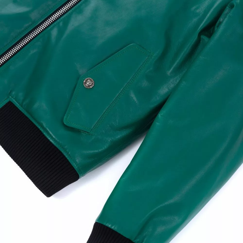 Teal Green Leather Bomber Jacket