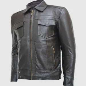 Black Leather Jacket with Classic Zipper