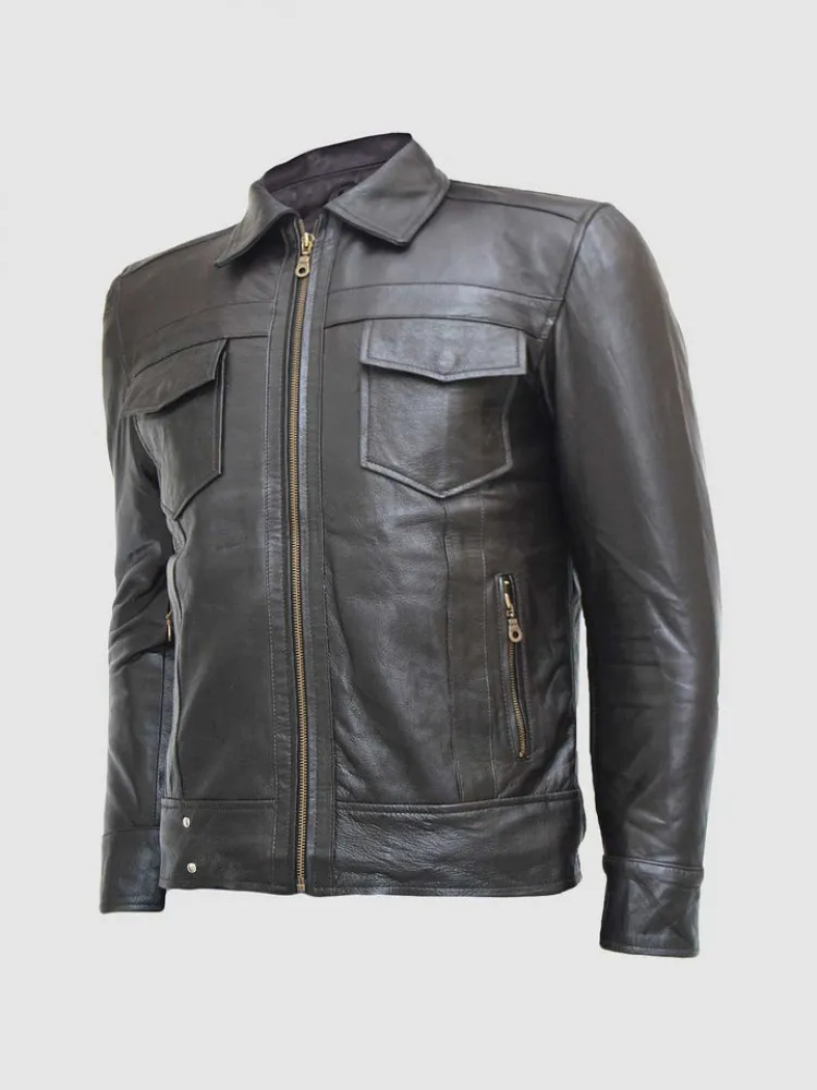 Black Leather Jacket with Classic Zipper