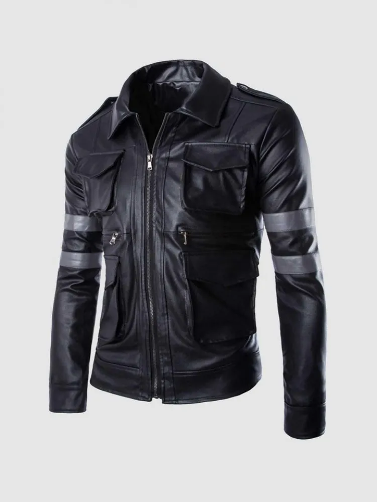 Black Leather Jacket with Grey Stripes