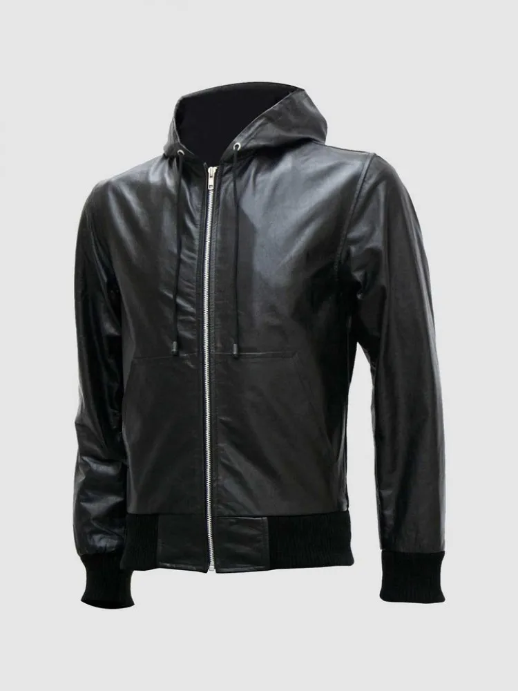 Black Leather Jacket with Hoodie