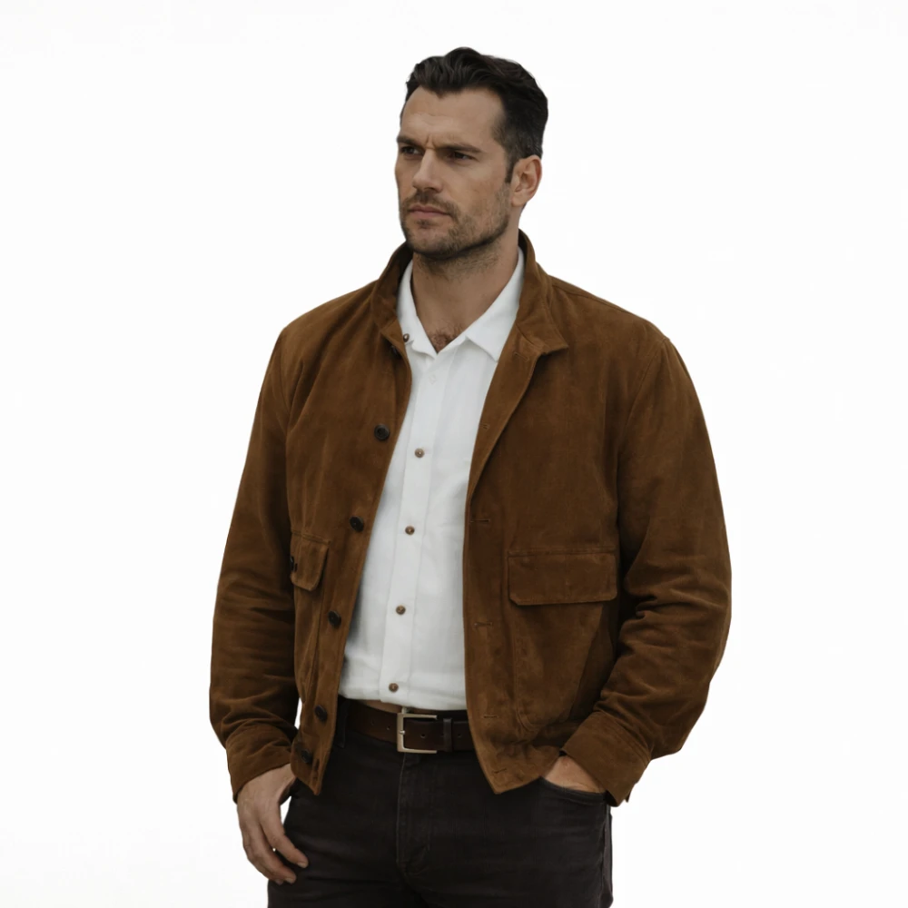 In the Grey 2026 Henry Cavill Brown Suede Jacket