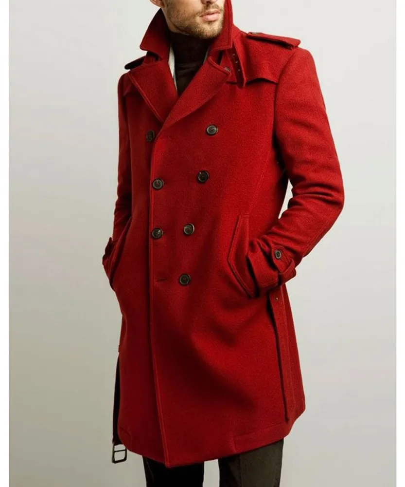 Men’s Double Breasted Red Belted Coat