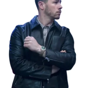 A Very Jonas Christmas Movie 2025 Nick Jonas Black Leather Jacket