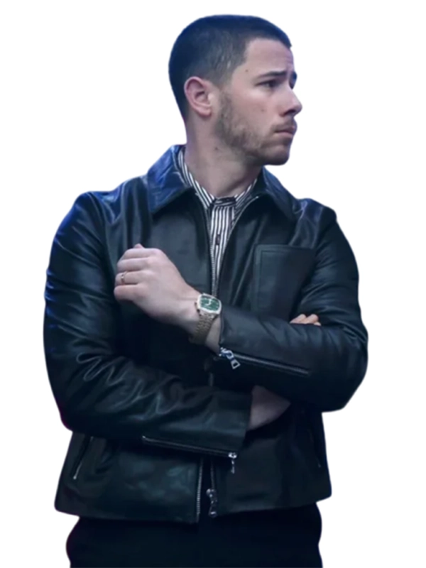 A Very Jonas Christmas Movie 2025 Nick Jonas Black Leather Jacket