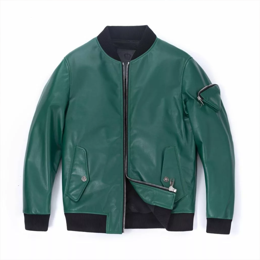 Teal Green Leather Bomber Jacket