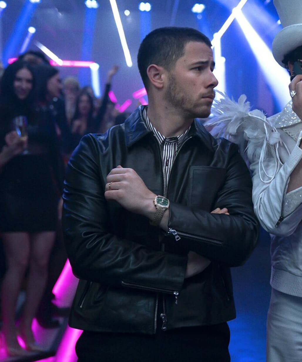 A Very Jonas Christmas Movie 2025 Nick Jonas Black Leather Jacket