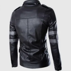 Black Leather Jacket with Grey Stripes