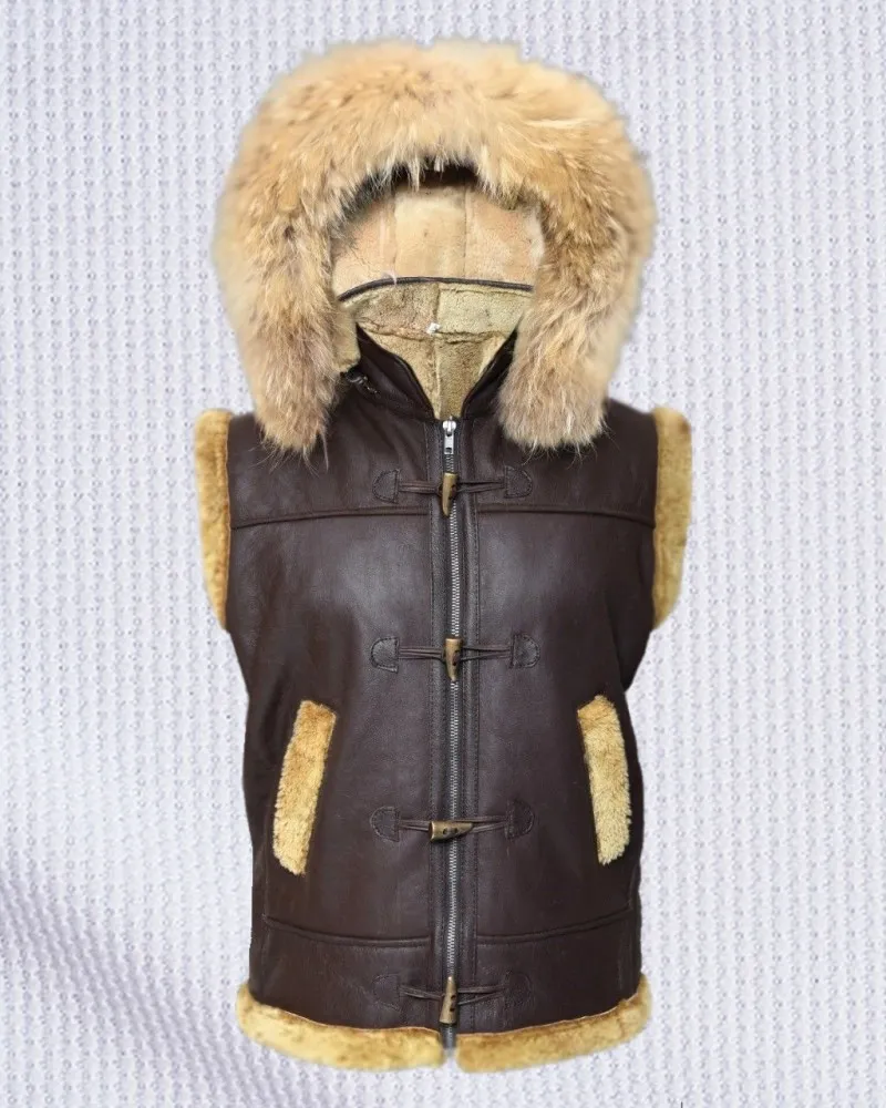 Men's Hooded B3 Aviator Fur Shearling RAF Leather Vest