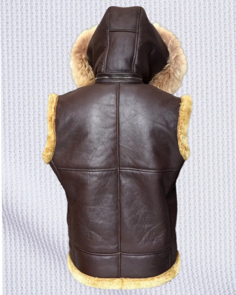 Men's Hooded B3 Aviator Fur Shearling RAF Leather Vest
